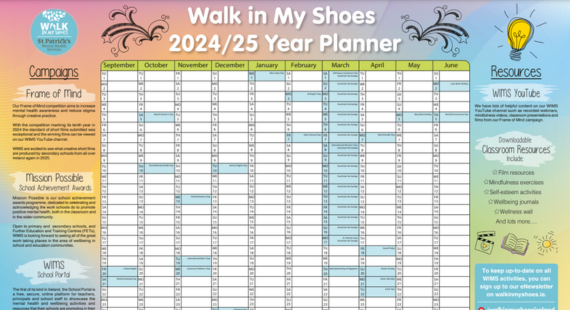 Walk in My Shoes Teacher Year Planner - colourful calendar for September 2024 to June 2025 with key school dates and wellbeing opportunities highlighted throughout each month and around the edges of the calendar