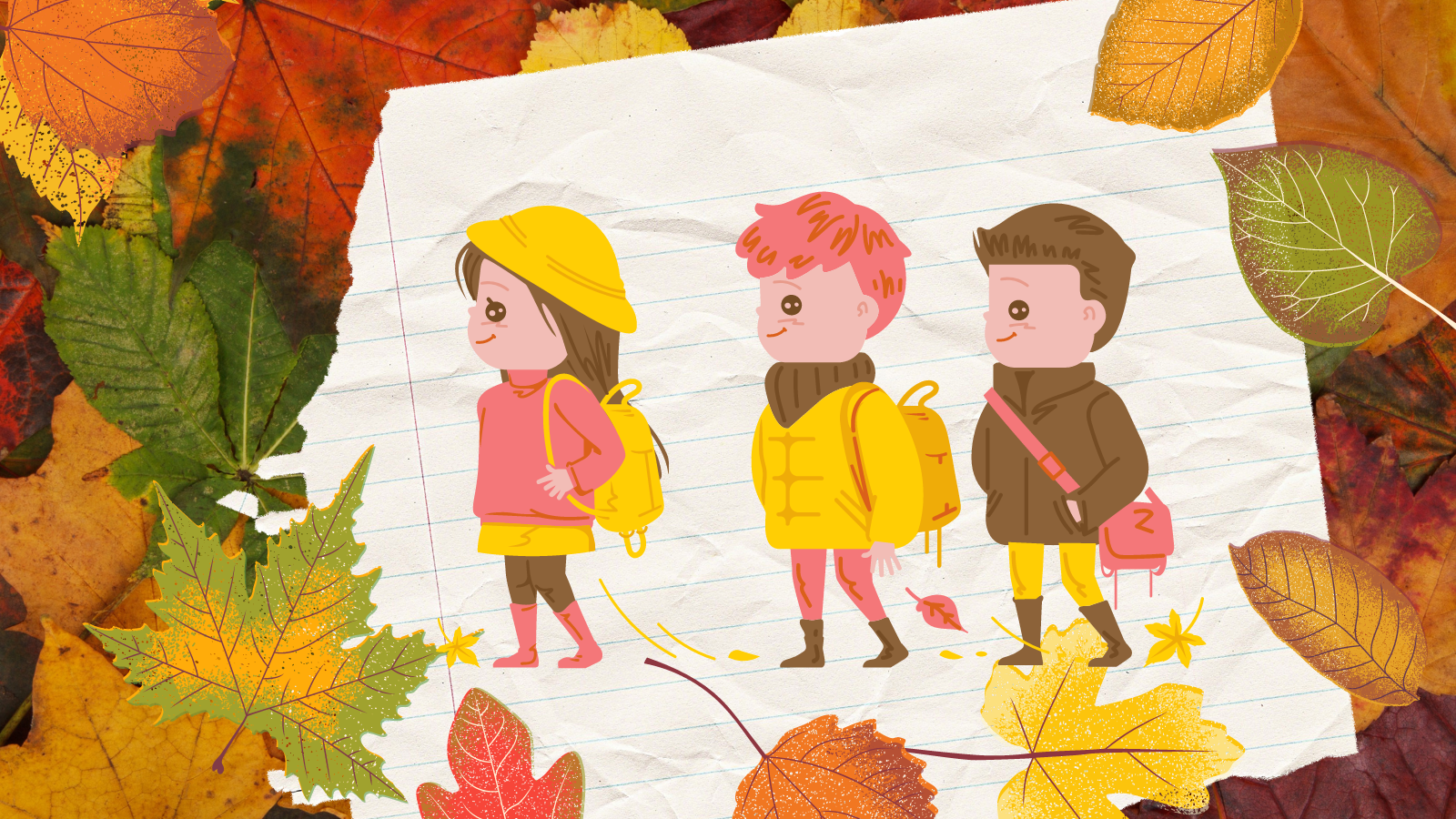 This is an illustrated image of three young school children in coats, hats and scarves surrounded by leaves in different shapes and autumn colours.