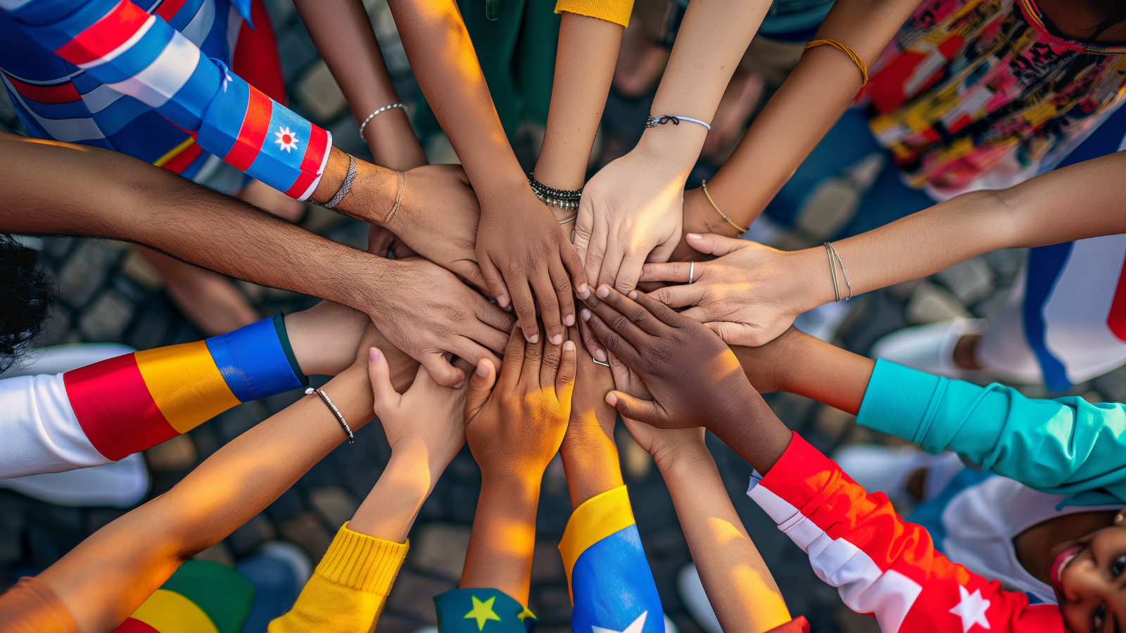 Top view of diverse young volunteers putting their hands on top of each other.